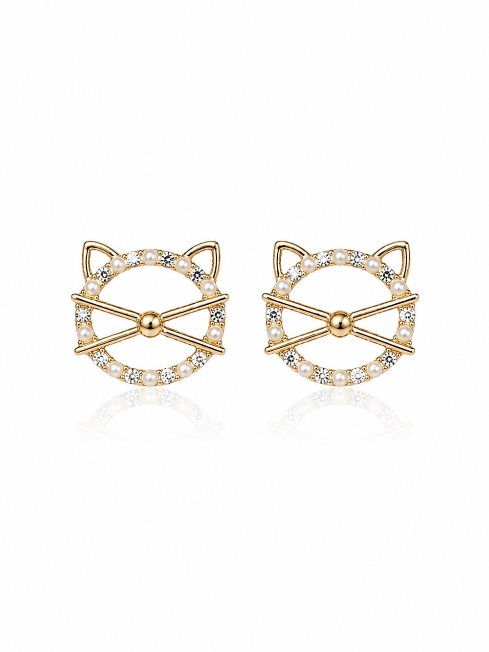 Gold Cat Outline Crystal Stud Earrings - Women's Fashion Jewelry
